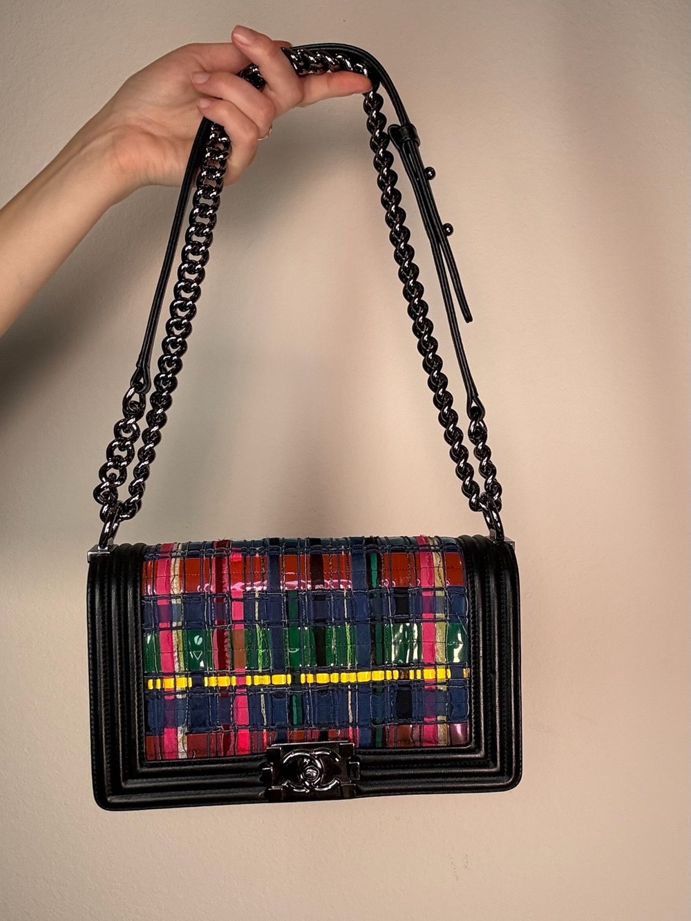 Chanel Boy bag Black Multi-Color Woven Panel Shoulder Bag